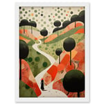 Walk on the Countryside Hill Path Folk Art Oil Painting Red Orange Green Abstract Landscape Artwork Framed Wall Art Print A4