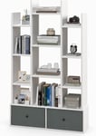 Bibliothèque avec 2 Tiroirs Amovibles et 12 étagères de Rangement pour Salon Chambre étude Bureau Style Moderne Blanc