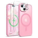 ORETECH Coque Magnétique pour iPhone 15, Translucide Mat Arrière Coque pour iPhone 15 avec 2 Verre Trempé et 1 Caméra Protecteur,Coque Antichoc pour iPhone 15 Compatible Mag-Safe 6.1" Rose Clair