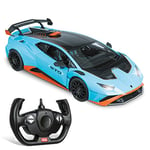 MONDO Motors, Lamborghini Huracan STO 2,4 GHz, Modèle à l'échelle 1 : 14, jusqu'à 10 km/h de Vitesse, Voiture Jouet pour Enfants 63707 Bleu Ciel