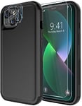 Diverbox for iPhone 13 Case [Shockproof] [Dropproof] [Tempered Glass Screen Protector + Camera Lens Protector],Heavy Duty Protection Phone Case Cover for Apple iPhone 13 (Black)