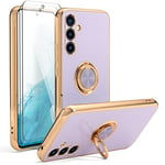 YIRSUR Case Compatible with Samsung Galaxy A54 5G with 2 Pack Screen Protector, with Ring Holder Plating Rose Gold Edge 360° Kickstand Cover Slim Soft Flexible TPU Protective for Galaxy A54 5G-Purple