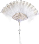 Tra-Éventail Plume Vintage Des Années 1920 Éventail Plume De Marabou À Fleurs Brodées Éventail De Plumes À Main Avec Glands Ventilateur Plume Flapper Pour Costume De Fête Gatsby Dansant Tea Party Blanc