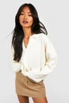 Womens Oversized Soft Knit Polo Collar Jumper - Cream - S, Cream