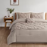 Comfort Spaces Housse matelassée géométrique Tendance et décontractée, Alternative au Duvet Toutes Saisons, literie Confortable, taie Assortie, Imitation Soie Taupe, 5 pièces, très Grand lit