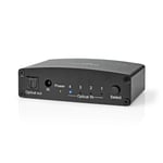 Nedis Digital Audio Switch | 4-vejs | Tilslutninger indgang: DC strøm / 4x TosLink | Tilslutninger udgang: TosLink Hun | Fjernbetjening / Manual / Trykknap | Metal | Sort