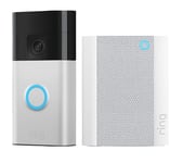 Ring Battery Video Doorbell (3rd Gen, Satin Nickel) & Chime (2nd Gen) Bundle, Silver/Grey