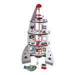 Jouet Hape Fusée Spatiale 4 Étages - Jeu de Construction et d'Imitation Pour Enfant de Plus de 3 ans - 20 Pièces et Accessoires pour Petit Astronaute en Herbe, Bleu