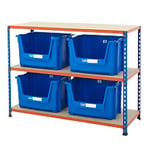 BiGDUG Premium Large Stacking Pick Bin Kit with 3 Levels and 4 Blue Bins Chipboard, Steel 915 x 1220 x 455 mm Blue, Orange