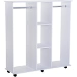 Armoire penderie meuble de rangement mobile 6 roulettes 120L x 40l x 128H cm panneaux de particules aspect bois blanc