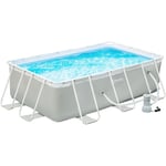 Piscine tubulaire hors sol rectangulaire avec filtre dim. 340L x 215l x 80H cm acier pvc gris clair