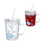 Relaxdays Verre pour Enfant en Lot de 2, Motif de Baleine, avec Anse, Couvercle et Paille, 400 ML gradué, Transparent