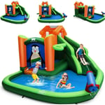 Château Gonflable avec Toboggans Aquatiques, Aire de Jeux Gonflable Piscine avec Motif de Pingouin, Canon à Eau, Panier de Basket-Ball 3 à 10 Ans