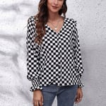 (XL-Black And White Checkerboard) Women's Blouse Plaid Shirt Long