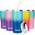 ZONZHI Travel Mug-600ML Stainless Steel Coffee Cup-Leakproof-Reusable Thermos Mug,Vacuum Insulated Flask with BPA Free Lid,Straws & Free Cleaning Brush-for Hot&Cold Coffee,Tea & etc,Blue Gradient