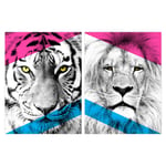 Pack of 2 Neon Tiger and Lion Vivid Jungle Animal Portrait Bold Geometric Design Poster Unframed Wall Art Living Room Prints Set