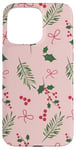 iPhone 15 Pro Max Cute Pink Christmas Preppy Bow & Green Leaves Mistletoe Xmas Case