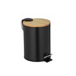Poubelle à pédale Tortona avec frein de chute Easy-Close, Mini poubelle salle de bain 3L, Acier - bambou,17x23,5x21 cm, noir - marron - Wenko