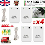 4x For Xbox 360 4800mAh Controller Rechargeable Battery USB Charger Cable White