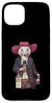 Coque pour iPhone 15 Plus Opossum américain dans un chapeau de cowboy buvant une bouteille de whisky