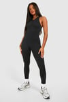 Womens Contour Seamless Rib Zip Sleeveless Unitard Jumpsuit - Black - L, Black