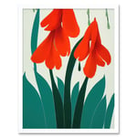 Modern Abstract Crimson Red Bloom Wild Flowers Teal Leaves on White Art Print Framed Poster Wall Decor 12x16 inch