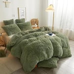 Michorinee Housse de Couette en Peluche 220x240 + 2 Taie d'oreiller 65x65 cm Parure de Lit Polaire Flanelle Chaud Hiver - Linge de lit 2 Personnes Duveteux avec Fermeture Éclair, Vert Sauge