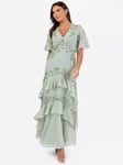 Maya Deluxe Angel Sleeve V-Neck Tiered Maxi, Green Lily/Silver