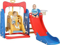 Toboggan et Balançoire, 4 en 1 Toboggan pour Enfants, avec Balançoire, Escalade & Panier de Basketball, Toboggan Extra Long de 135cm, Aire de Jeux Enfants pour Extérieur/Intérieur, Charge Max 60kg