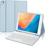 Étui Clavier Pour Ipad 9.7"", Ipad 6ème/5ème Génération-2018/2017, Ipad Air 2/1, Ipad Pro 9.7, Coque Clavier Azerty Français Bluetooth Amovible Avec Fente Pour Stylo, Bleu Clair