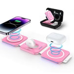 ZUMSEY Foldable Travel Wireless Charger, 3 in 1 Wireless Charging Station for iPhone 16 15 14 13 12 11 Pro Max, Magnetic Charging Stand for iWatch 10/9/8/7/6/SE/5/4/3/2, AirPods with Adapter (pink)