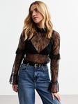 New Look Ruffle Trimmed High Neck Lace Top - Black, Black, Size 6, Women