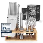 Cocktail Shaker Kit Boston avec Support + Livre Cocktail + d'Accessoires Professionnel: INOX Qualité Extra, Bar Ensemble: Cuillère a Mélange Pilon Jigger Paille | Gin Mojito Set Cadeau Femme Homme