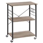 VASAGLE Kitchen Shelf on Wheels, Serving Trolley with 3 Shelves, Microwave Shelf, for Mini Oven, Toaster, with 6 Hooks, Industrial Style, Greige and Black KKS060B02