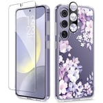 GVIEWIN Compatible with Samsung Galaxy S24 Plus Case 6.7" 2024,with Screen Protector+Camera Lens Protector,[10FT Drop Tested] Flower Clear Antiscratch Shockproof Protective Cover,Foliolosa/Purple