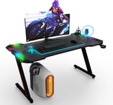 Devoko Bureau Gaming LED 140×60cm, Bureau Gamer avec Lumière RGB, Tapis de Souris, Porte-gobelet et Crochet pour Casque, Bureau Informatique Ergonomique (Noir,140×60cm)