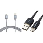 Amazon Basics Câble en nylon à double tressage USB de type C vers Micro B 2.0 mâle, 3 m,Gris foncé & Câble USB Type-C vers USB-A 2.0 mâle - Couleur Noir, 1.8 m