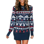 Mub- Höst/vinter Kvinnors stickade kläder Tecknad Jacquard Lös Rund hals Pullover Jultröja Navy blue Christmas sweater dress S