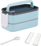 Bento Box Lunch Box 1400ml spoon Chopsticks Stackable 2 Layer Blue Microwave