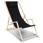 Tolletour - Chaise longue pliante en bois Chaise de plage 3 positions Chilienne transat jardin exterieur noir Avec mains courantes