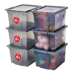 Iris Ohyama, Boite de Rangement Polyvalente, 10L, Lot de 6, Gris, Fermeture Facile, Empilables, en Plastique Transparent, pour Dressing, Étagères, Garage, Organisation, Vêtements, Linges, USB-S