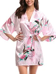 Migcaput Kimono Robe Femme Mariage Satin Court Peignoir Bride Paon Kimono Bridesmaid Chemise de Nuit Peignoir Pyjamas A-rose,XL