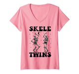 Womens Twins Halloween Matching Skeletwins Funny Dancing Skeletons V-Neck T-Shirt