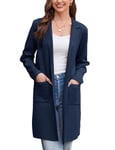 GRACE KARIN Gilet Long Femme Hiver Manche Longue Chic Cardigan Col Rever Trenchcoat avec Poche Chaud Bleu Marine -6 L