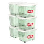 Cetomo 80L*6 Boîtes de Rangement avec Couvercles, Boîte de Rangement en Plastique avec Clips et Roulettes, Empilables, Encastrables, pour Placard de Bureau à Domicile, Vert Transparent, 80L, Lot de 6