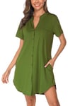 Vlazom Chemise de Nuit,Chemise de Nuit Femme Col V Manches Courtes Robe de Nuit Bouton Ouvert Devant Chic VêTements de Nuit Femme Grande Taille, XL,B-Vert Militaire