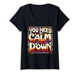 Womens You Need To Calm Down Groovy Retro Cute Funny Hippie 70s 60s V-Neck T-Shirt