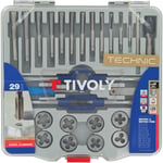 Tivoly - Coffret 29 pièces -12 tarauds + 12 filières M3 à M12 + 2 tournes à gauche + 1 porte-filière 25,4 + accessoires