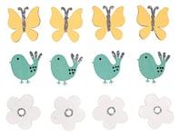 Rayher Embellissements «Papillon-Oiseau», en bois, 3 couleurs, 12 pces., 3-3,5cm, autocollant, décoration, table, cartes, scrapbooking, été, printemps -46644999