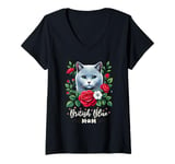 Womens Roses Flowers British Blue British Shorthair Cat V-Neck T-Shirt